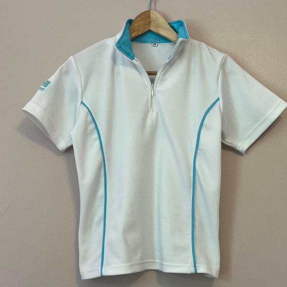 Riding Sport Quarter Zip Short Sleeve Show Shirt White Blue Medium Equestrian - Picture 1 of 6